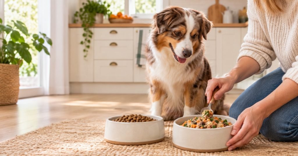 Dog enjoying a meal from a bowl in a cozy kitchen setting.
