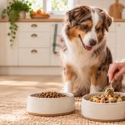 Dog enjoying a meal from a bowl in a cozy kitchen setting.