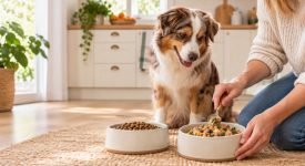Dog enjoying a meal from a bowl in a cozy kitchen setting.