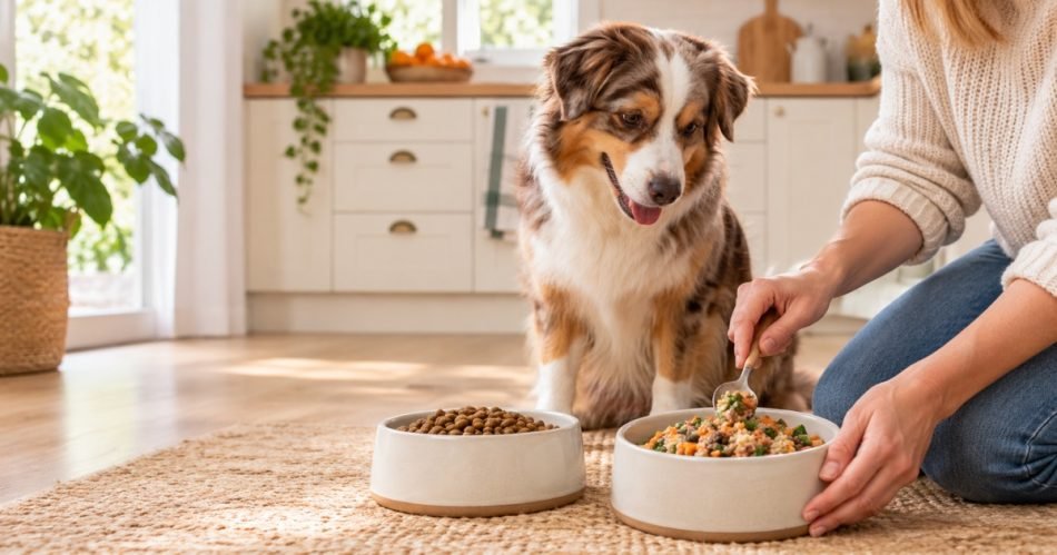 Dog enjoying a meal from a bowl in a cozy kitchen setting.
